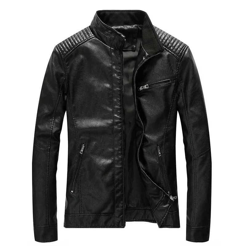 Herren Slim-Fit Kunstleder-Motojacke mit Stehkragen, gesteppter Schulterpasse und Reißverschlusstaschen Nord Taschen