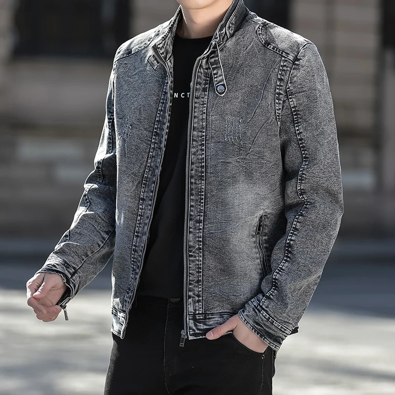 Herren Slim-Fit gewaschene Denim-Jacke mit Stehkragen und Reißverschluss Nord Taschen