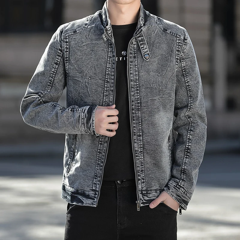 Herren Slim-Fit gewaschene Denim-Jacke mit Stehkragen und Reißverschluss Nord Taschen