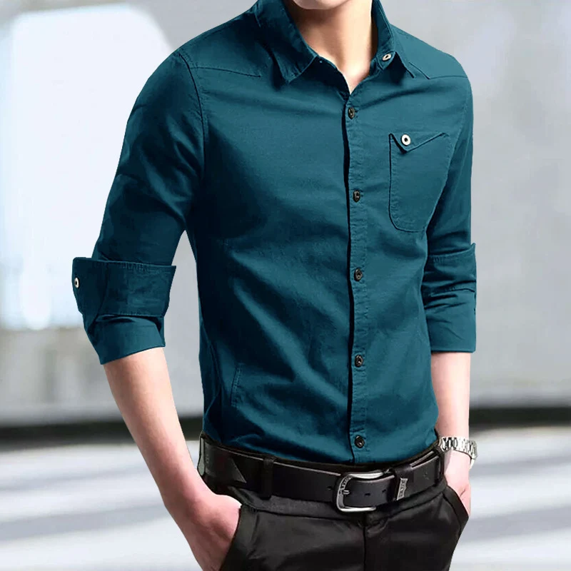 Herren Slim-Fit Baumwollhemd mit Brusttasche und Kontrastknöpfen Nord Taschen