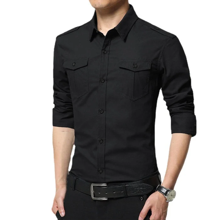 Herren Slim-Fit Baumwoll-Mix Utility-Hemd mit Schulterklappen und Brustpattentaschen Nord Taschen
