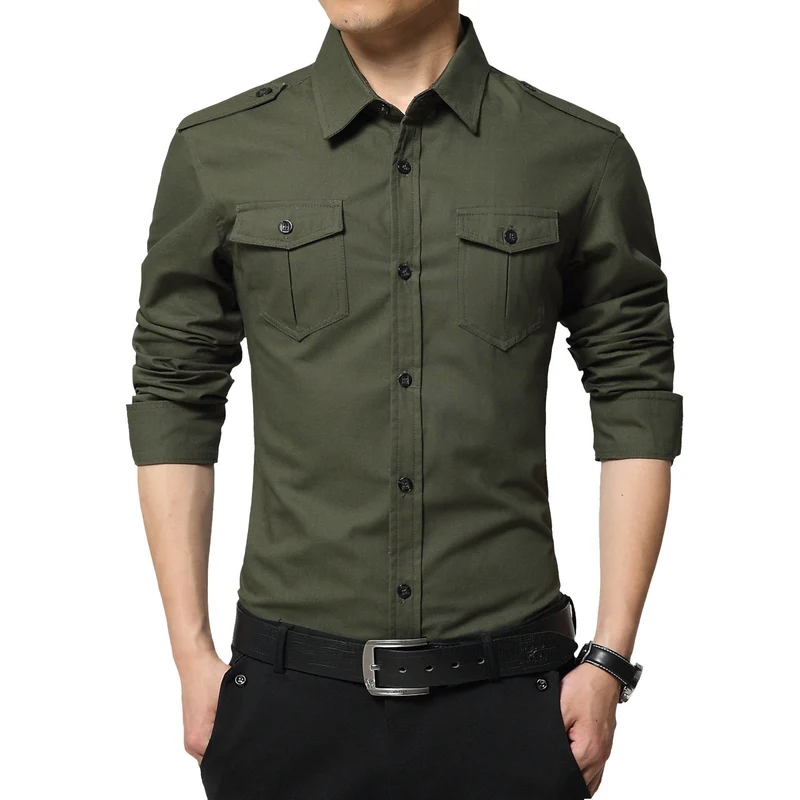 Herren Slim-Fit Baumwoll-Mix Utility-Hemd mit Schulterklappen und Brustpattentaschen Nord Taschen
