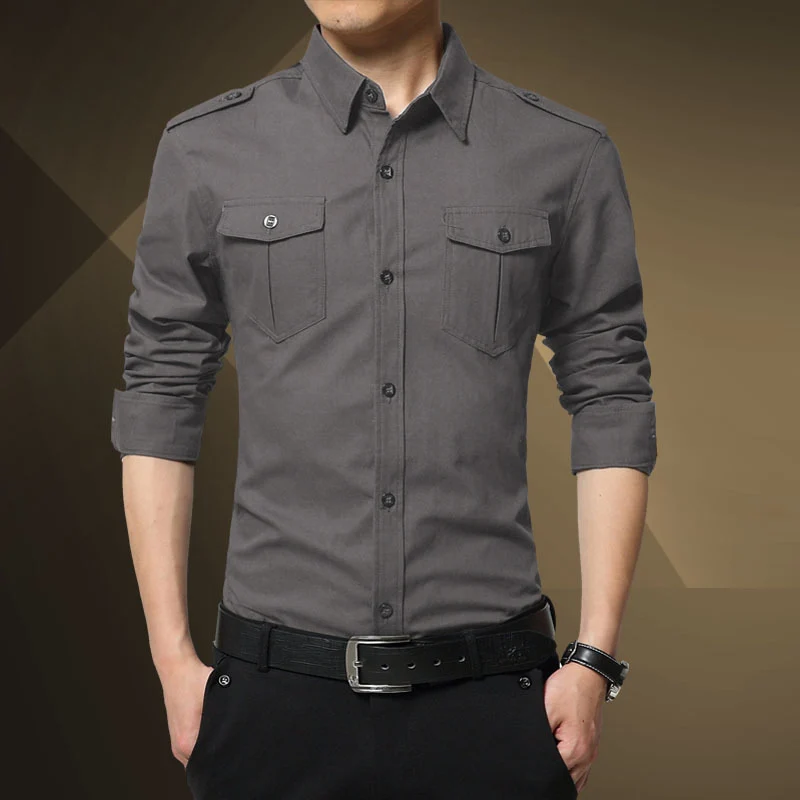 Herren Slim-Fit Baumwoll-Mix Utility-Hemd mit Schulterklappen und Brustpattentaschen Nord Taschen