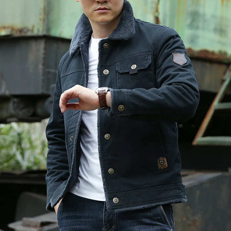 Herren Sherpagefütterte Canvas‑Truckerjacke mit Teddyfutter und Hemdkragen Nord Taschen