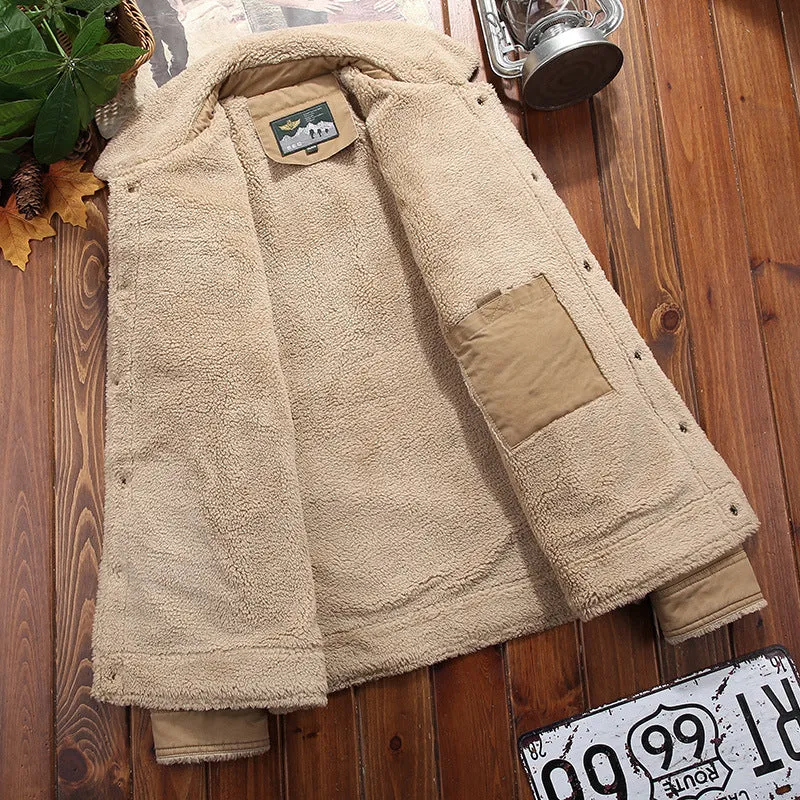 Herren Sherpa-gefütterte Canvas-Truckerjacke mit Hemdkragen und Pattentaschen Nord Taschen