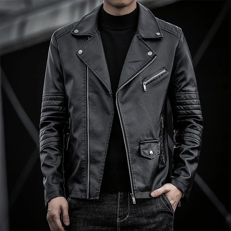 Herren schmal geschnittene Kunstleder-Motojacke mit gesteppter Schulter- und Ärmeldetail Nord Taschen