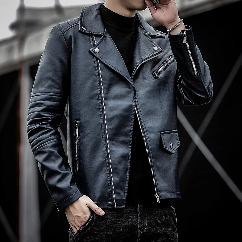 Herren schmal geschnittene Kunstleder-Motojacke mit gesteppter Schulter- und Ärmeldetail Nord Taschen