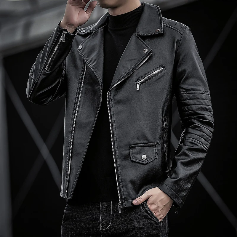 Herren schmal geschnittene Kunstleder-Motojacke mit gesteppter Schulter- und Ärmeldetail Nord Taschen