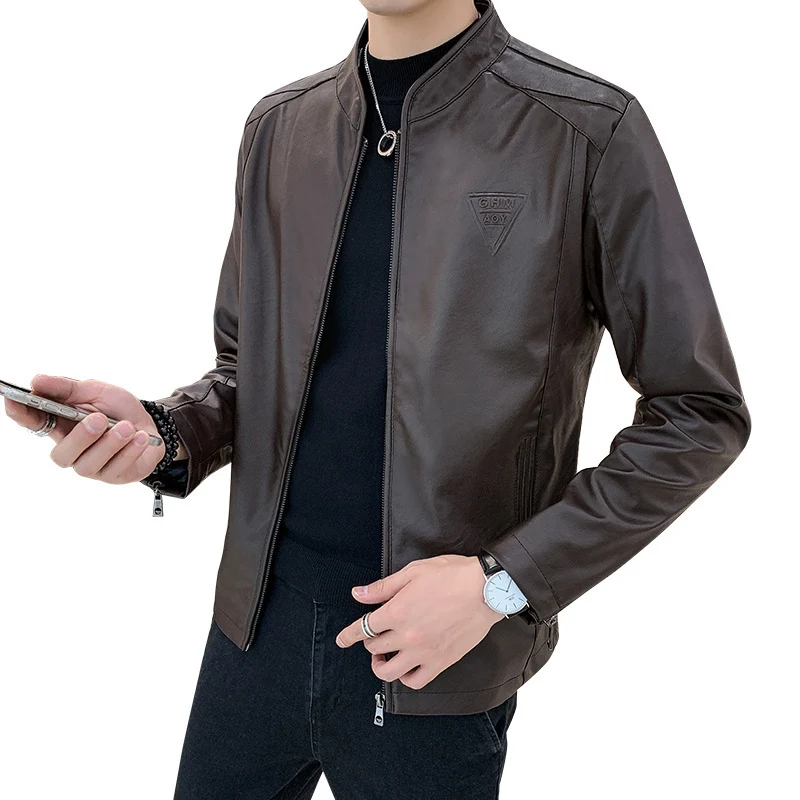 Herren Schlanker Kunstleder‑Moto‑Blouson mit Stehkragen und Reißverschlussärmeln Nord Taschen