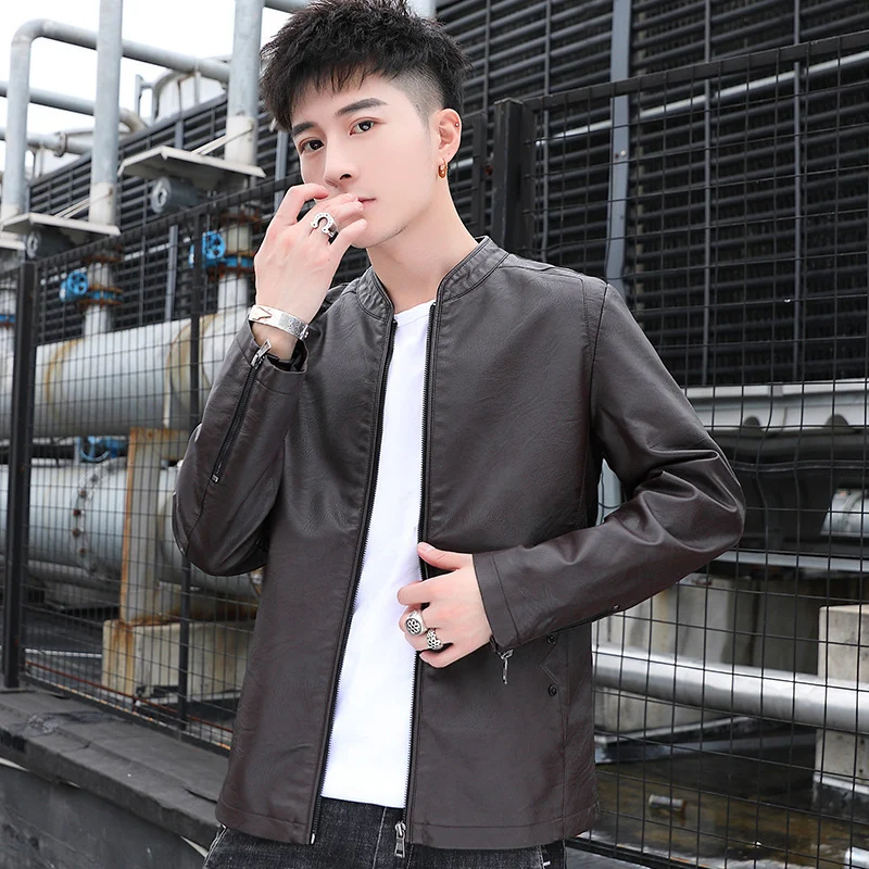 Herren schlanker Kunstleder‑Moto‑Blouson mit Stehkragen und Reißverschluss‑Taschen Nord Taschen