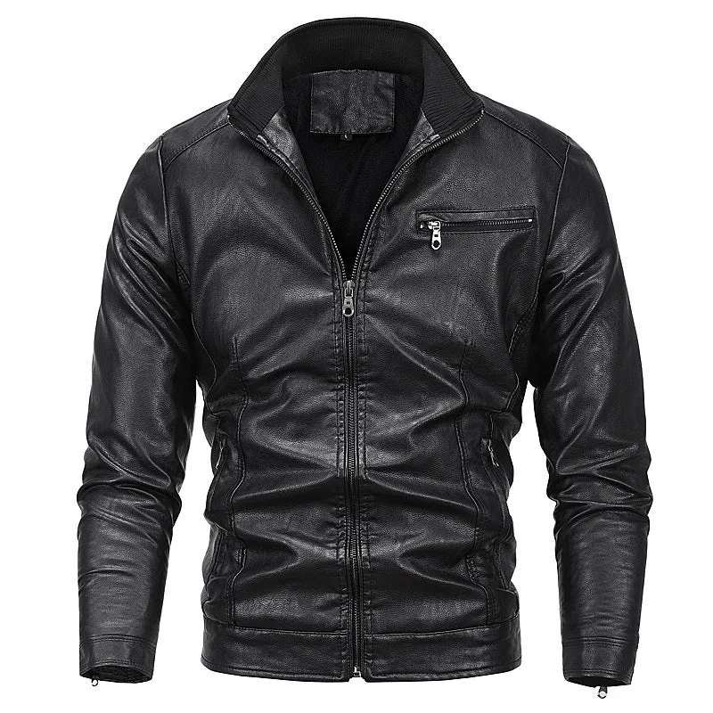 Herren schlanker Kunstleder‑Moto‑Blouson mit Stehkragen und Reißverschluss Nord Taschen