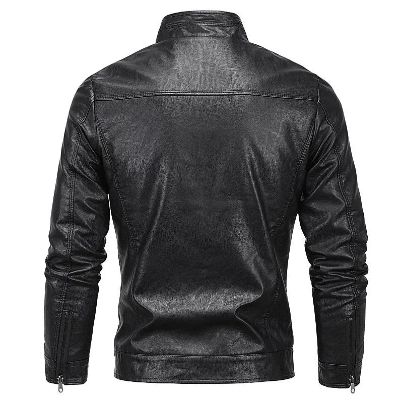 Herren schlanker Kunstleder‑Moto‑Blouson mit Stehkragen und Reißverschluss Nord Taschen