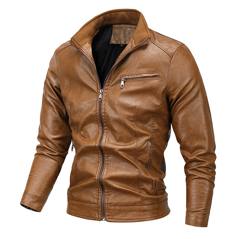 Herren schlanker Kunstleder‑Moto‑Blouson mit Stehkragen und Reißverschluss Nord Taschen