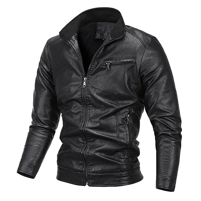 Herren schlanker Kunstleder‑Moto‑Blouson mit Stehkragen und Reißverschluss Nord Taschen