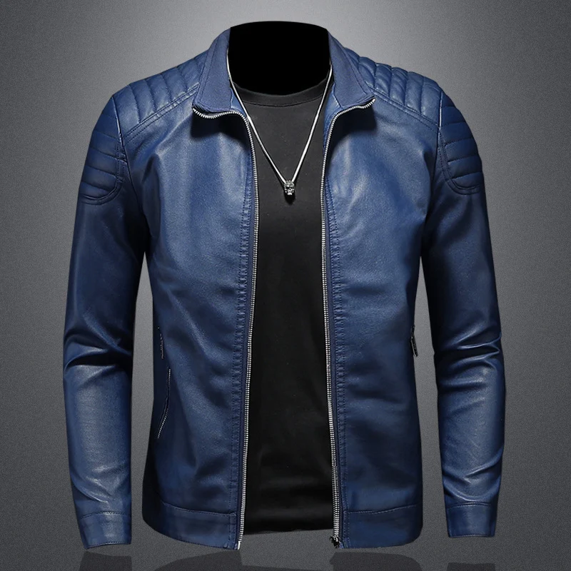 Herren schlank geschnittene Kunstleder-Motojacke mit Stehkragen und gesteppter Schulterpasse Nord Taschen