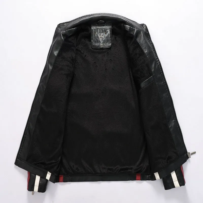 Herren Racing-Style Kunstlederjacke mit Aufnähern, Kontraststreifen und Stehkragen Nord Taschen
