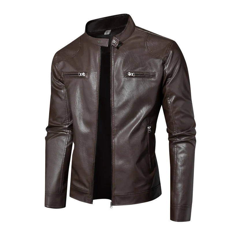 Herren Lederjacke im Bikerstil mit Stehkragen und Reißverschlusstaschen Nord Taschen