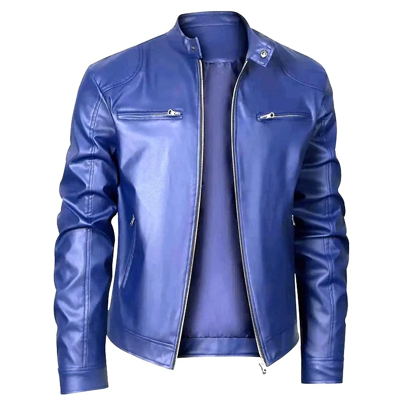 Herren Lederjacke im Bikerstil mit Stehkragen und Reißverschlusstaschen Nord Taschen