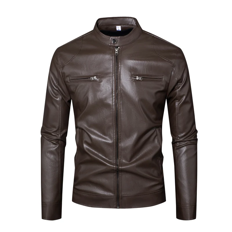 Herren Lederjacke im Bikerstil mit Stehkragen und Reißverschlusstaschen Nord Taschen