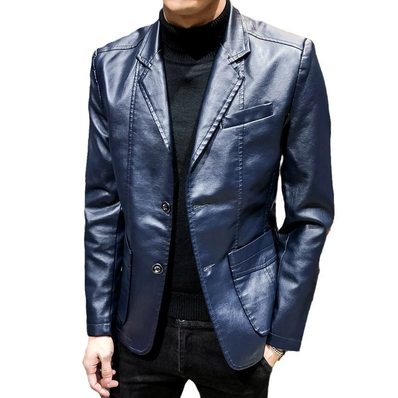 Herren Lässiges Slim-Fit Kunstleder-Sakko mit Reverskragen und aufgesetzten Taschen Nord Taschen