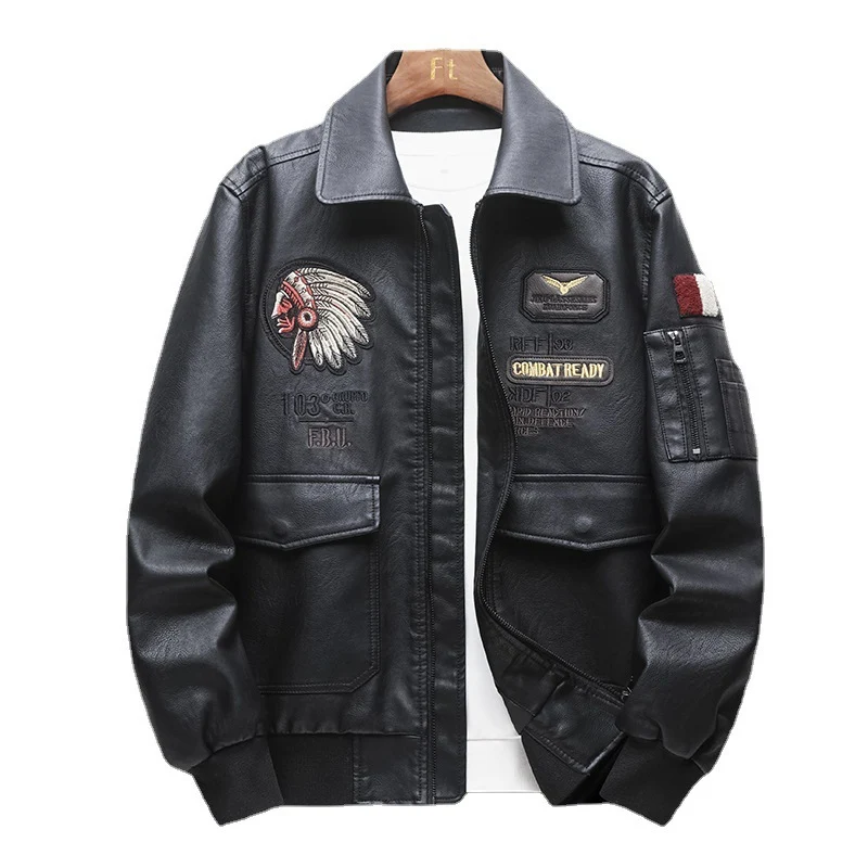 Herren Piloten‑Bomberjacke aus Kunstleder mit gestickten Patches und Rippbündchen Nord Taschen