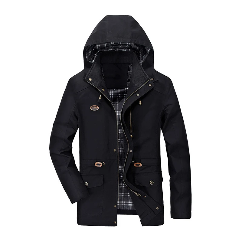 Herren mittellanger Parka mit Kapuze, kariertem Innenfutter und Taillenkordel Nord Taschen