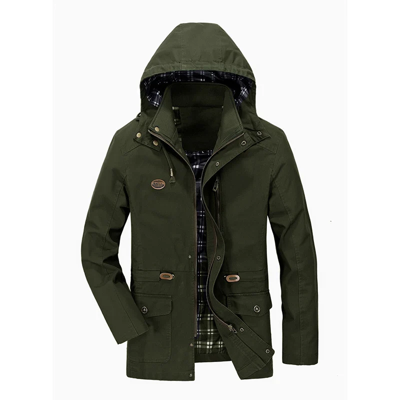 Herren mittellanger Parka mit Kapuze, kariertem Innenfutter und Taillenkordel Nord Taschen