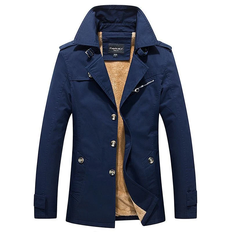Herren mittellanger doppelreihiger Trenchcoat mit Teddyfutter und Stehkragen Nord Taschen