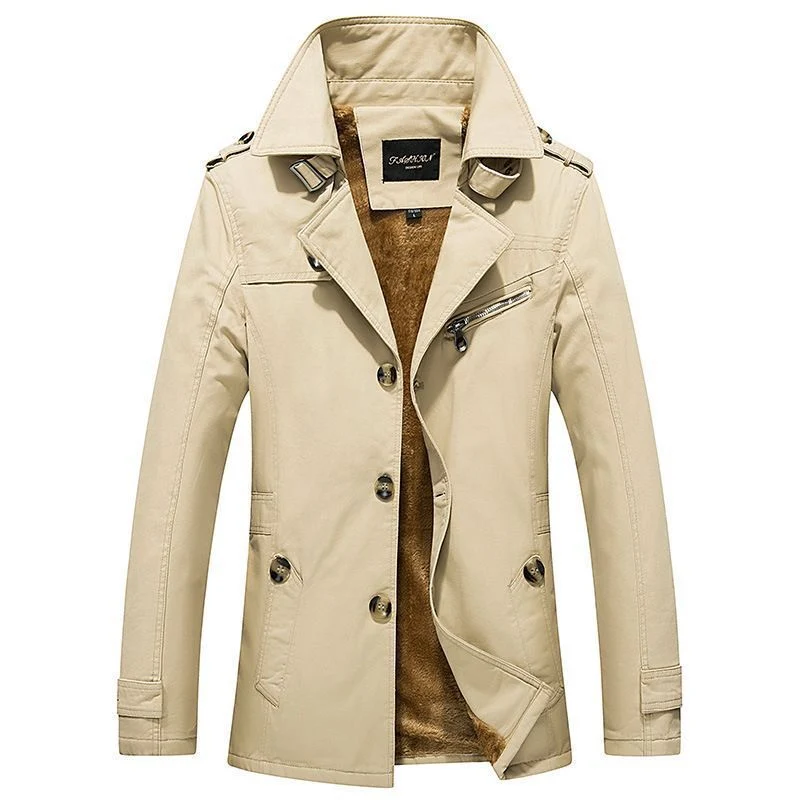 Herren mittellanger doppelreihiger Trenchcoat mit Teddyfutter und Stehkragen Nord Taschen