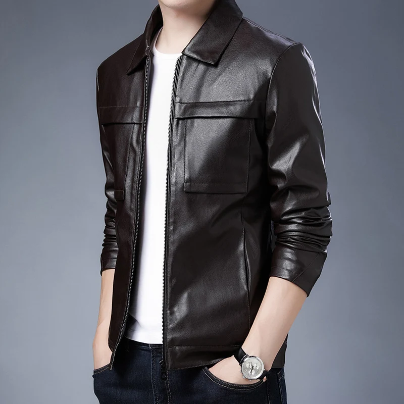 Herren minimalistisches Kunstleder-Zipblouson mit Hemdkragen und Pattentaschen Nord Taschen