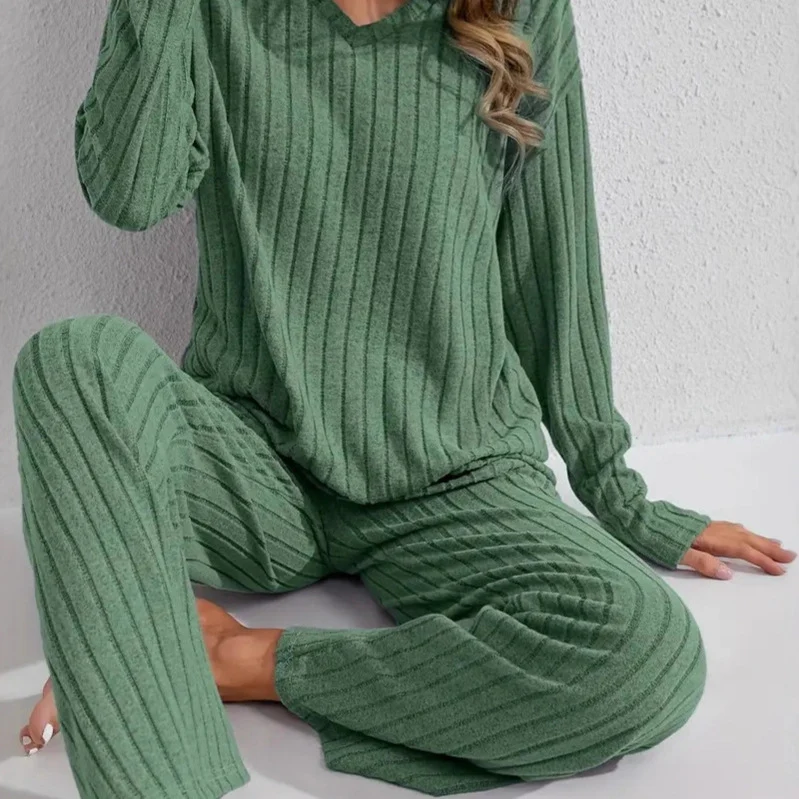 Damen Zweiteiliges geripptes Lounge-Set mit V-Ausschnitt und weitem Bein Nord Taschen