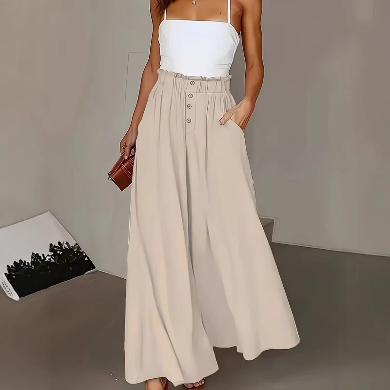 Damen weite Leinenhose mit hohem, gerafftem Bund und Knopfverzierung Nord Taschen