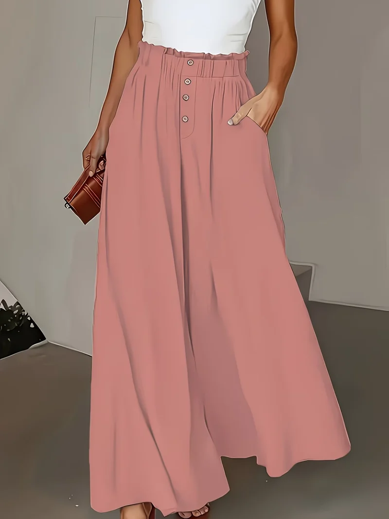Damen weite Leinenhose mit hohem, gerafftem Bund und Knopfverzierung Nord Taschen