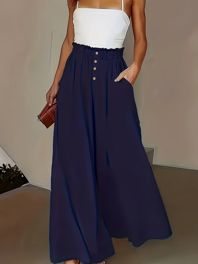 Damen weite Leinenhose mit hohem, gerafftem Bund und Knopfverzierung Nord Taschen