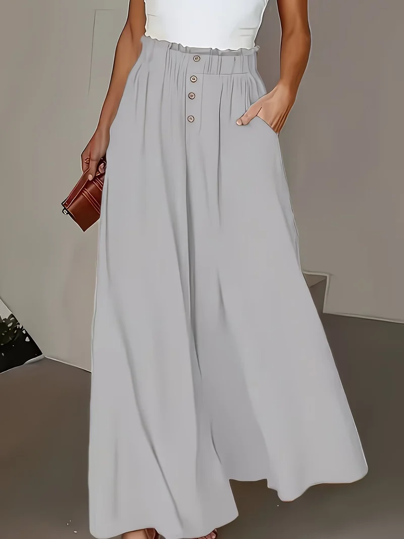 Damen weite Leinenhose mit hohem, gerafftem Bund und Knopfverzierung Nord Taschen