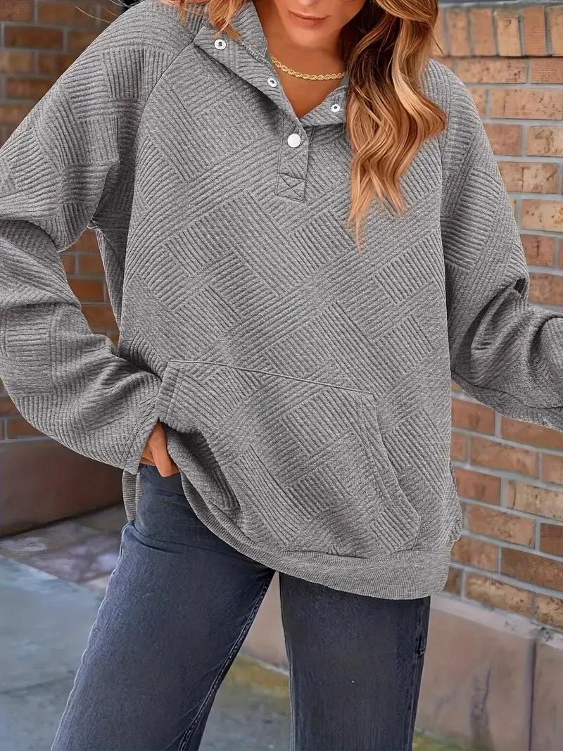 Damen Texturierter Oversize-Hoodie mit Henley-Knopfleiste und Kängurutasche Nord Taschen