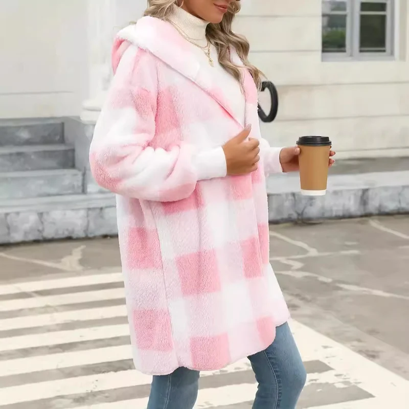 Damen Oversize Karierter Teddy-Mantel mit Kapuze und Eingrifftaschen Nord Taschen