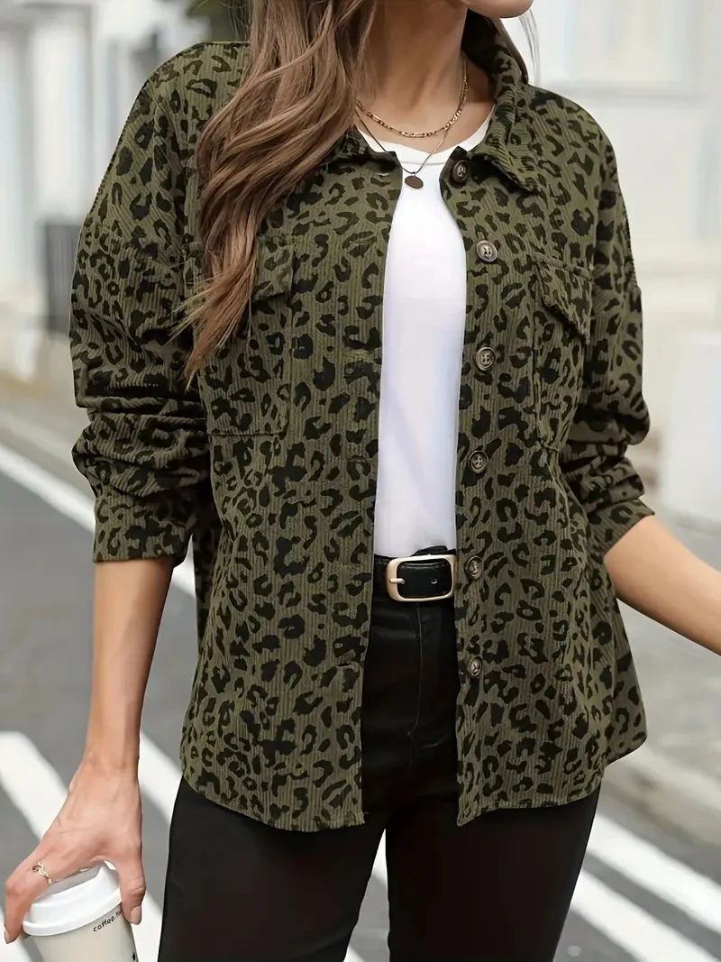 Damen Oversize Hemdjacke im Cord‑Look mit Leopardenprint Nord Taschen