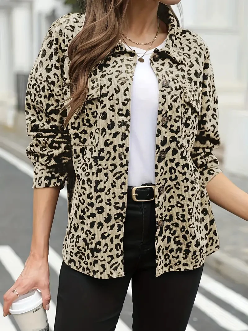 Damen Oversize Hemdjacke im Cord‑Look mit Leopardenprint Nord Taschen
