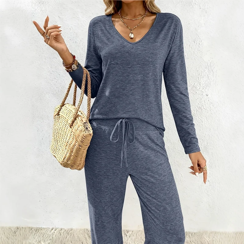 Damen Lounge-Set aus weichem Viskose-Modal-Mix mit V-Ausschnitt, Tunnelzughose und weitem Bein Nord Taschen