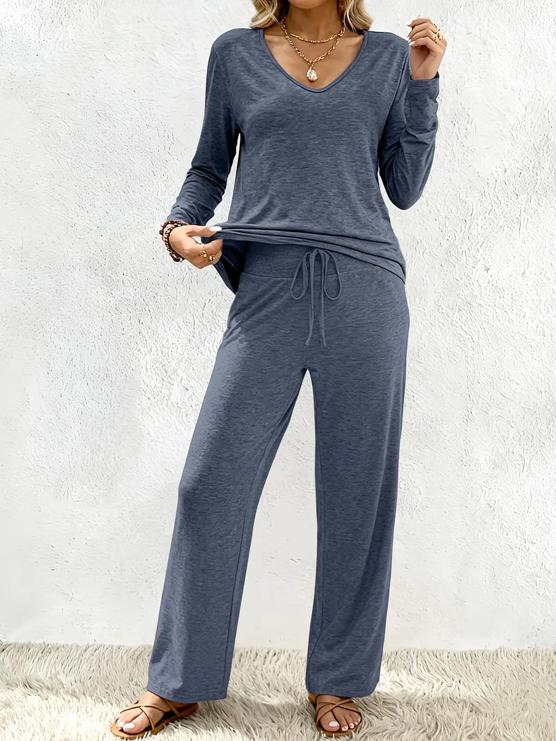 Damen Lounge-Set aus weichem Viskose-Modal-Mix mit V-Ausschnitt, Tunnelzughose und weitem Bein Nord Taschen