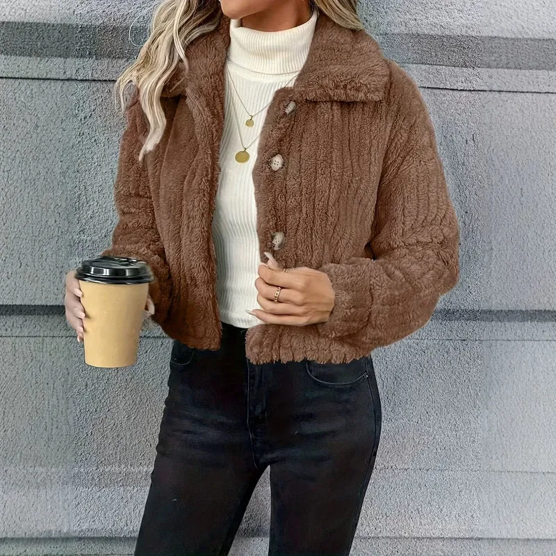 Damen Kurzjacke Teddy-Fleece mit Knopfverschluss und weitem Hemdkragen Nord Taschen