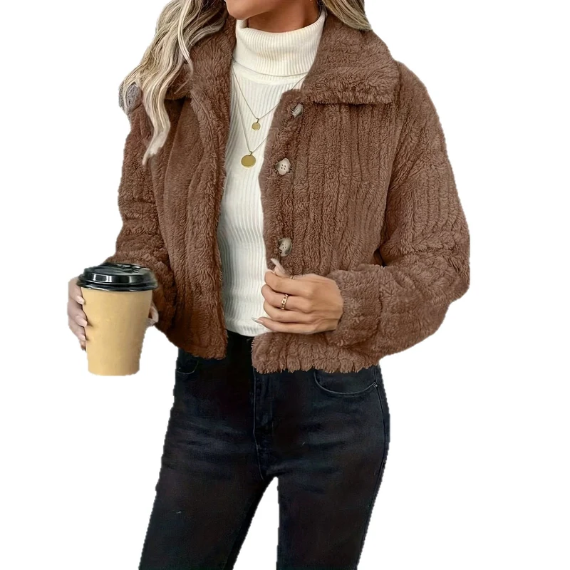 Damen Kurzjacke Teddy-Fleece mit Knopfverschluss und weitem Hemdkragen Nord Taschen