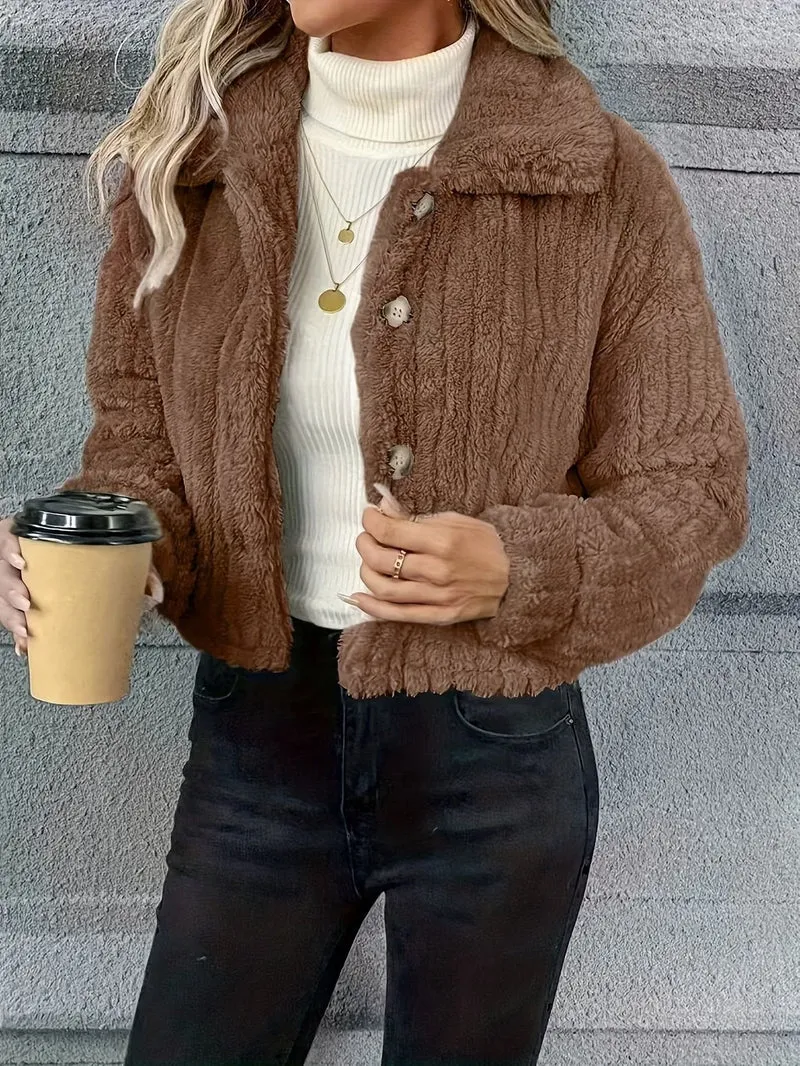Damen Kurzjacke Teddy-Fleece mit Knopfverschluss und weitem Hemdkragen Nord Taschen