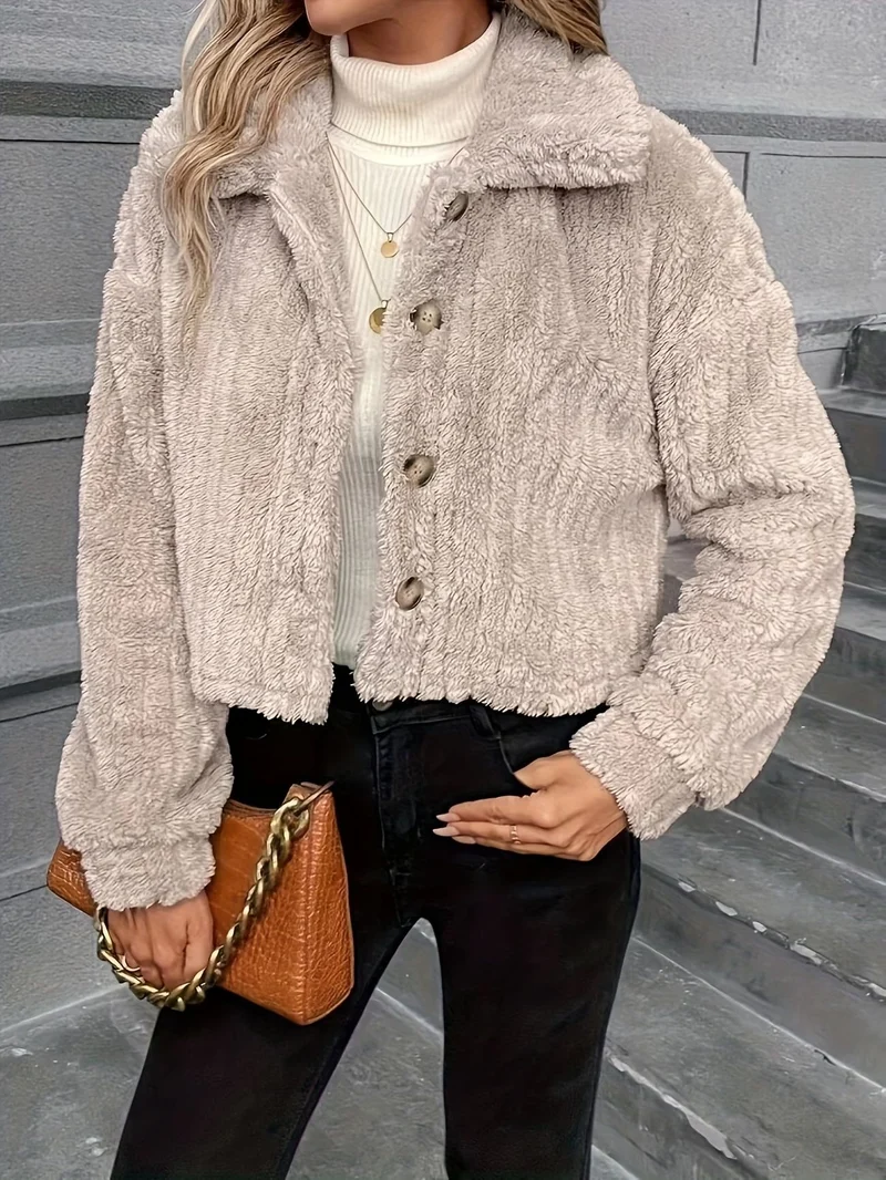 Damen Kurzjacke Teddy-Fleece mit Knopfverschluss und weitem Hemdkragen Nord Taschen