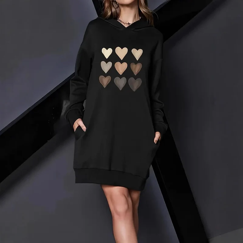 Damen Kapuzenkleid mit metallic Herz‑Print und oversized Sweatshirt‑Schnitt Nord Taschen