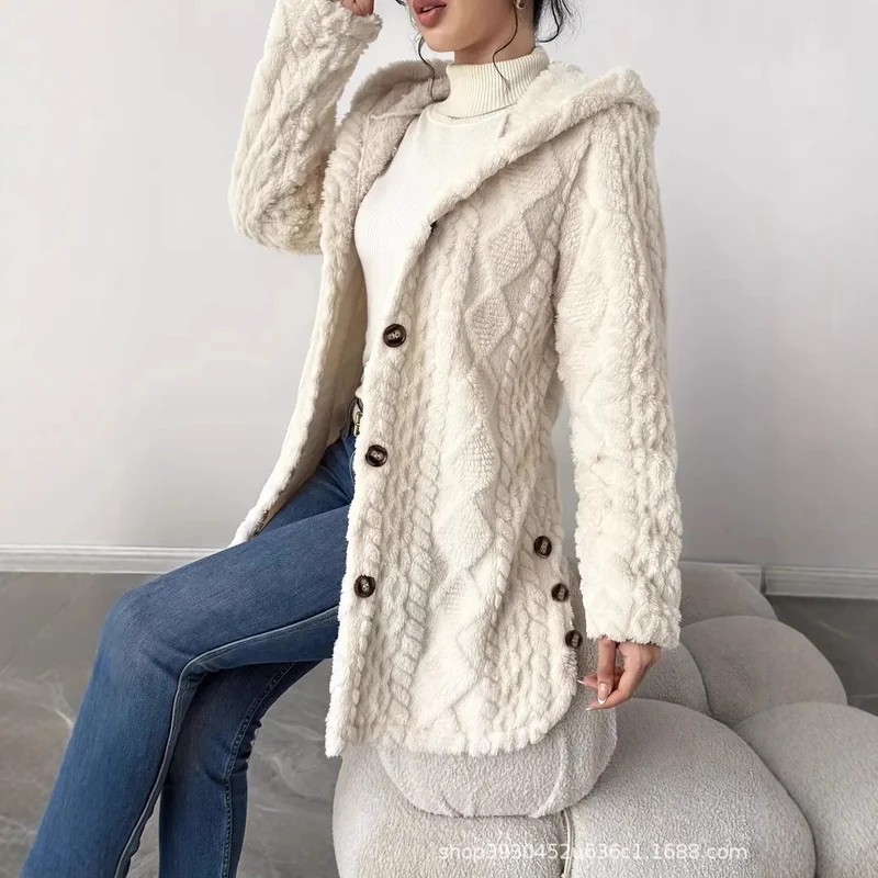 Damen Kapuzen‑Teddyjacke mit Knopfleiste und strukturierter Oberfläche Nord Taschen