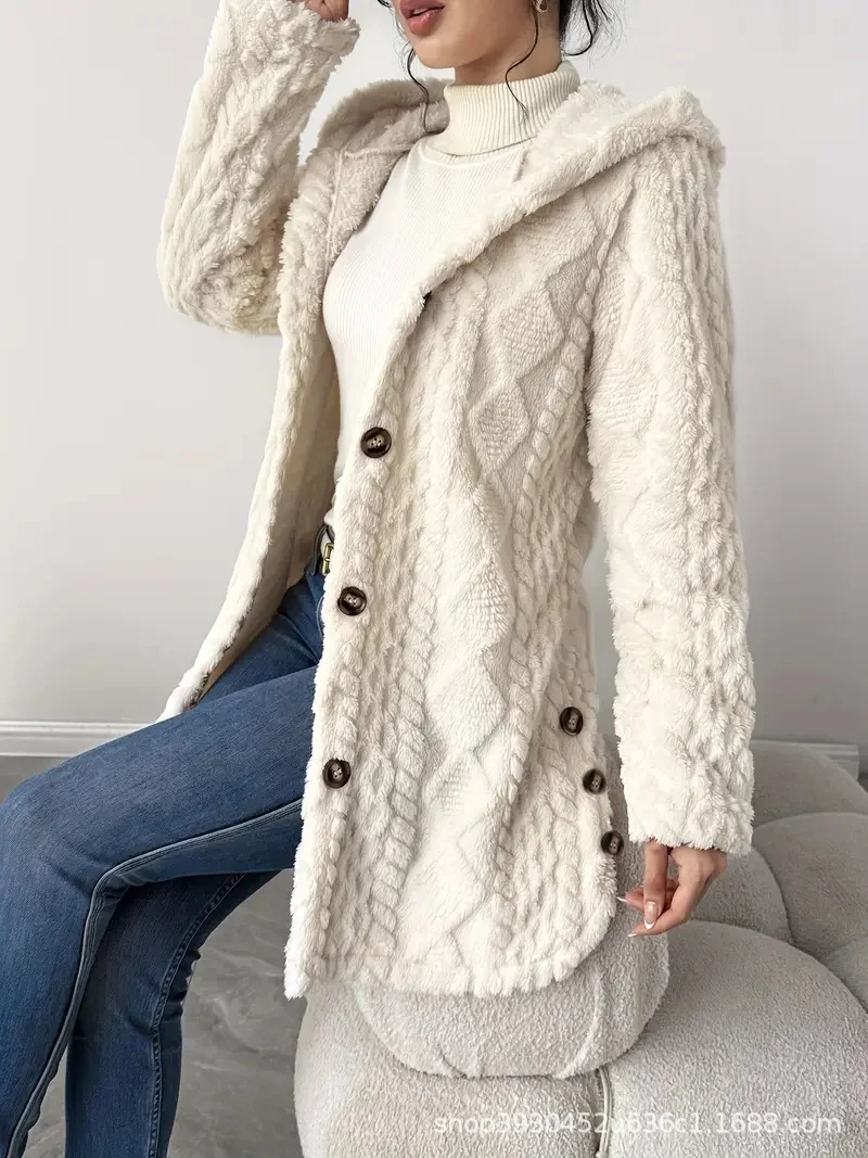 Damen Kapuzen‑Teddyjacke mit Knopfleiste und strukturierter Oberfläche Nord Taschen