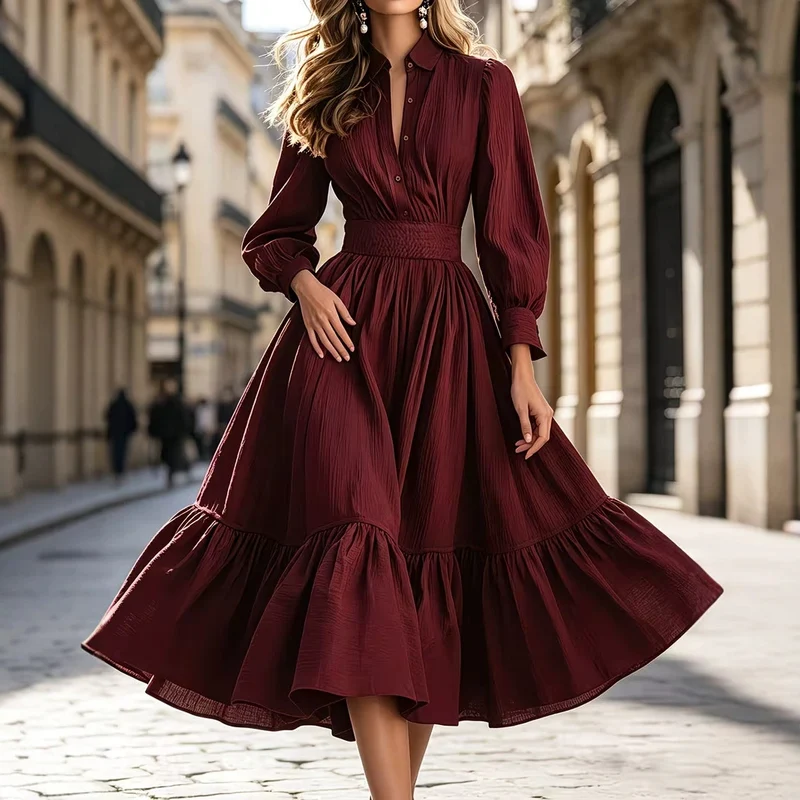 Damen Hemdblusenkleid mit breitem Smokbund, geschwungener Stufenvolant und langen Manschettenärmeln Nord Taschen