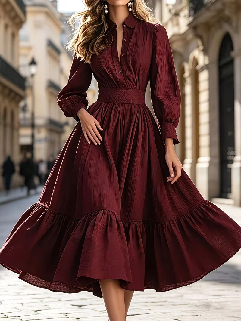 Damen Hemdblusenkleid mit breitem Smokbund, geschwungener Stufenvolant und langen Manschettenärmeln Nord Taschen
